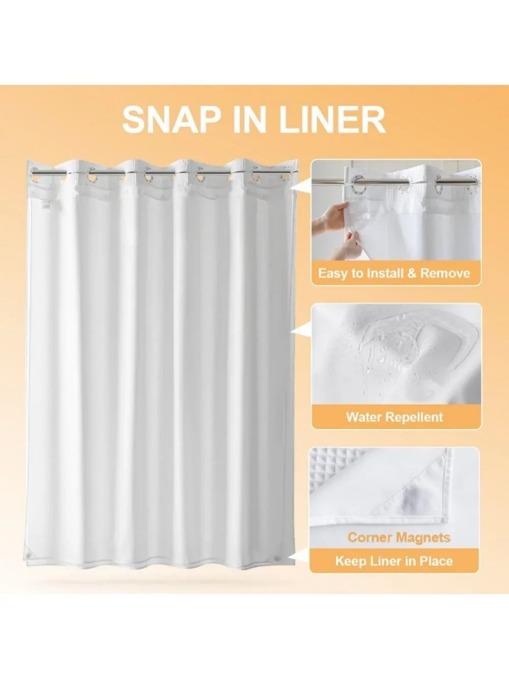 Cotton Blend No Hook Shower Curtain with Liner, White, 71